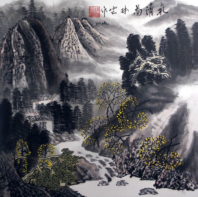國畫斗方山水畫